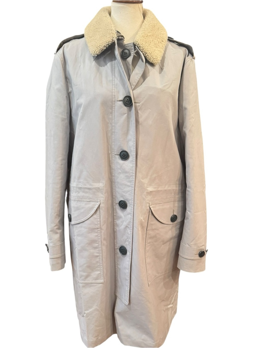 Vintage Burberry Beige Trench Coat with Cream Sherpa Collar